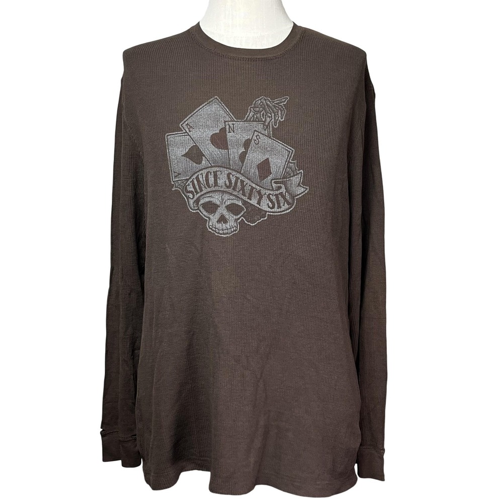 Trashed Vans Shirt Mens XL Brown Waffle Knit Thermal Long Sleeve Skull 1966 Card